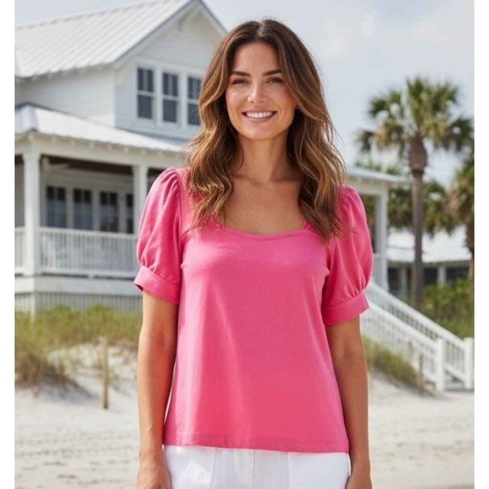 New Lilly Pulitzer Jessie Short Puff-Sleeve‎ Top In Cockatoo Pink Size XL Preppy